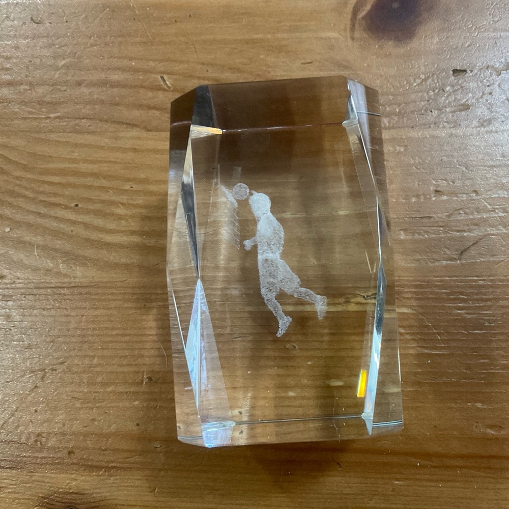 3D Laser Etched Figure of a volleyball player paperweight cube crystal clear.